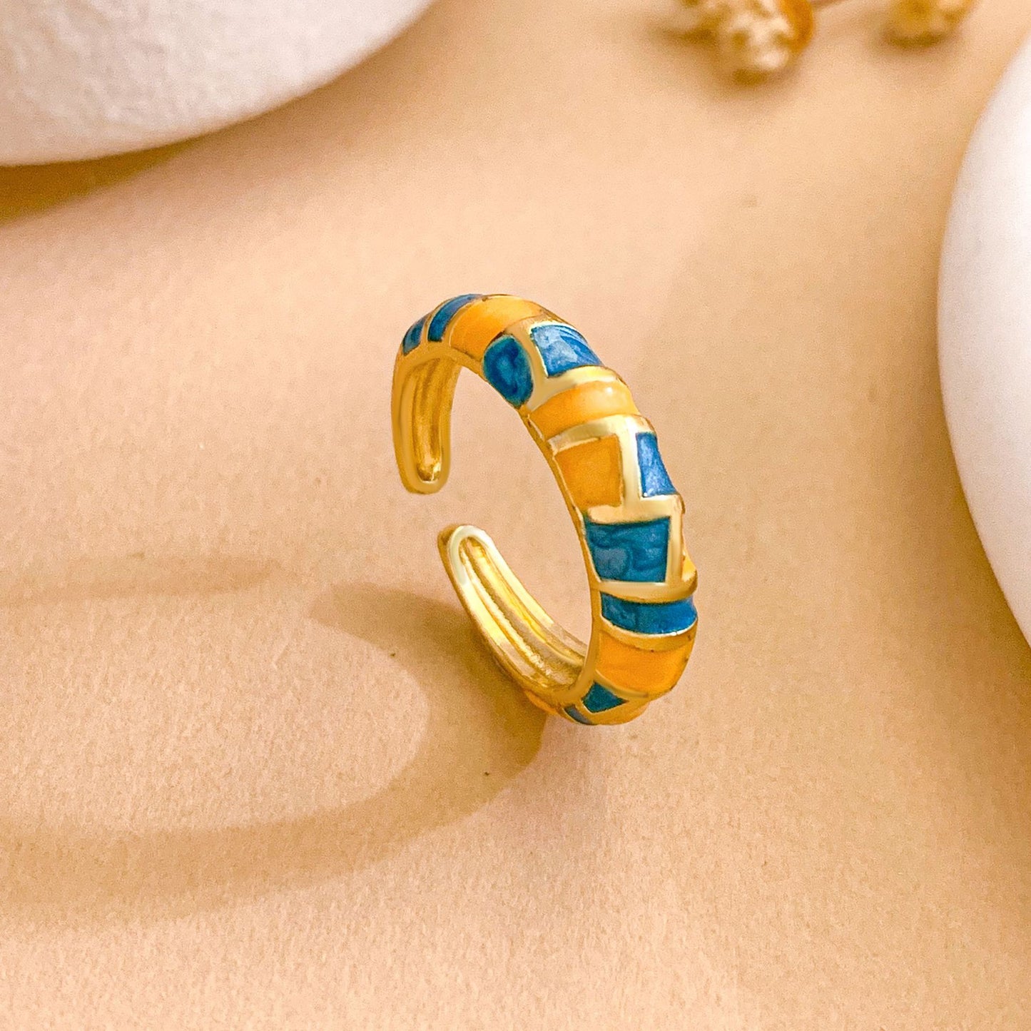 Minimalist Geometric Enamel Gold Plated Brass Ring with Polka Dot Pattern Adjustable Open Design for Women