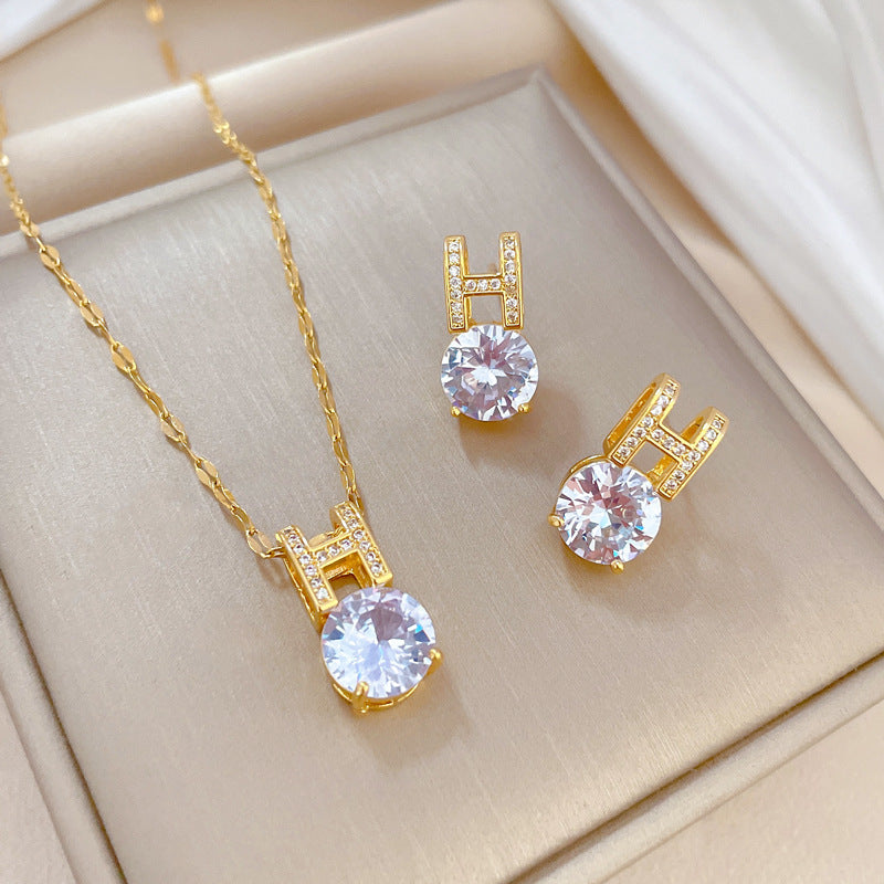 Luxury Titanium Steel Letter Pendant Necklace and Earrings Set with Zircon Inlay Geometric Design for Women Formal Events