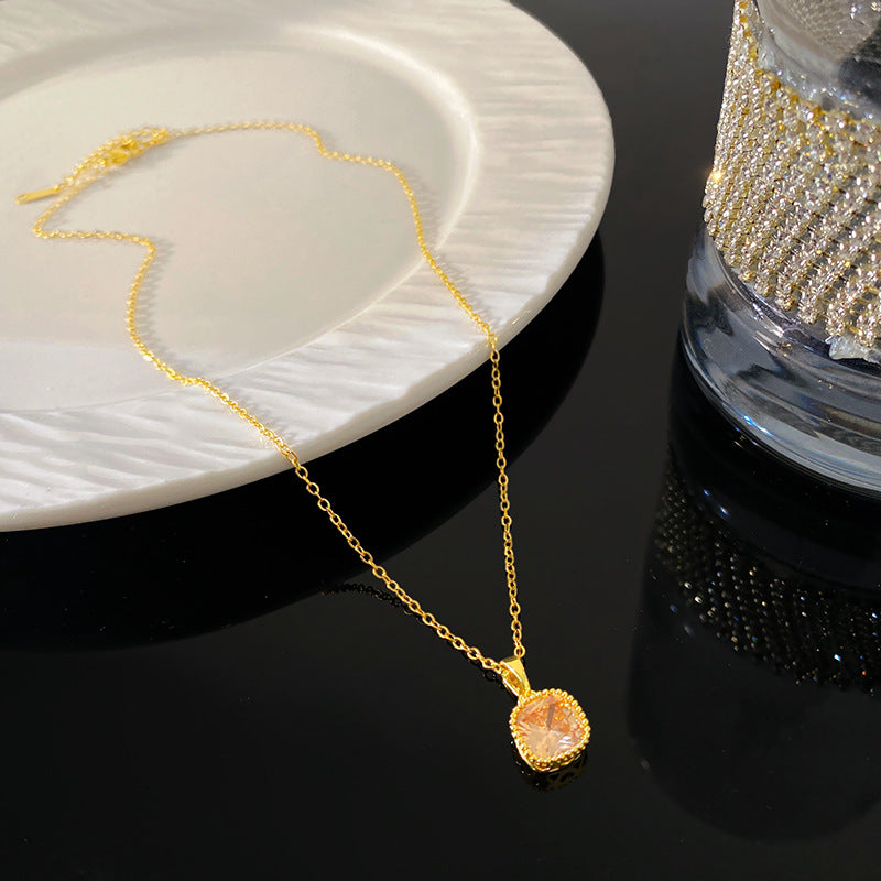 Sweet Sporty Square Geometric Cubic Zirconia Plated Titanium Steel Necklace with Brass Pendant Cable Chain