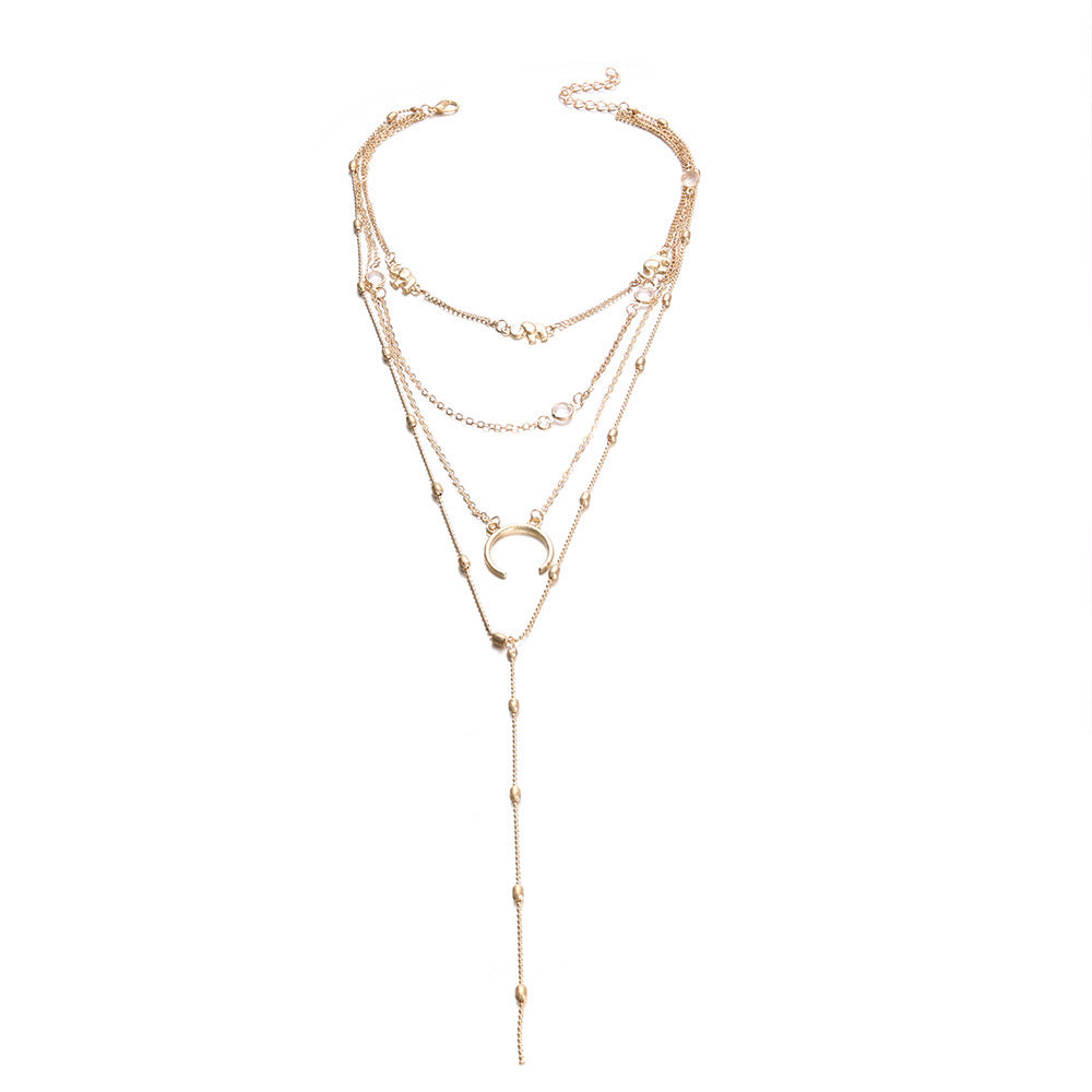 Minimalist Crescent Moon Pendant Necklace for Women with Alloy Y-Shape Chain and Tassel Detail
