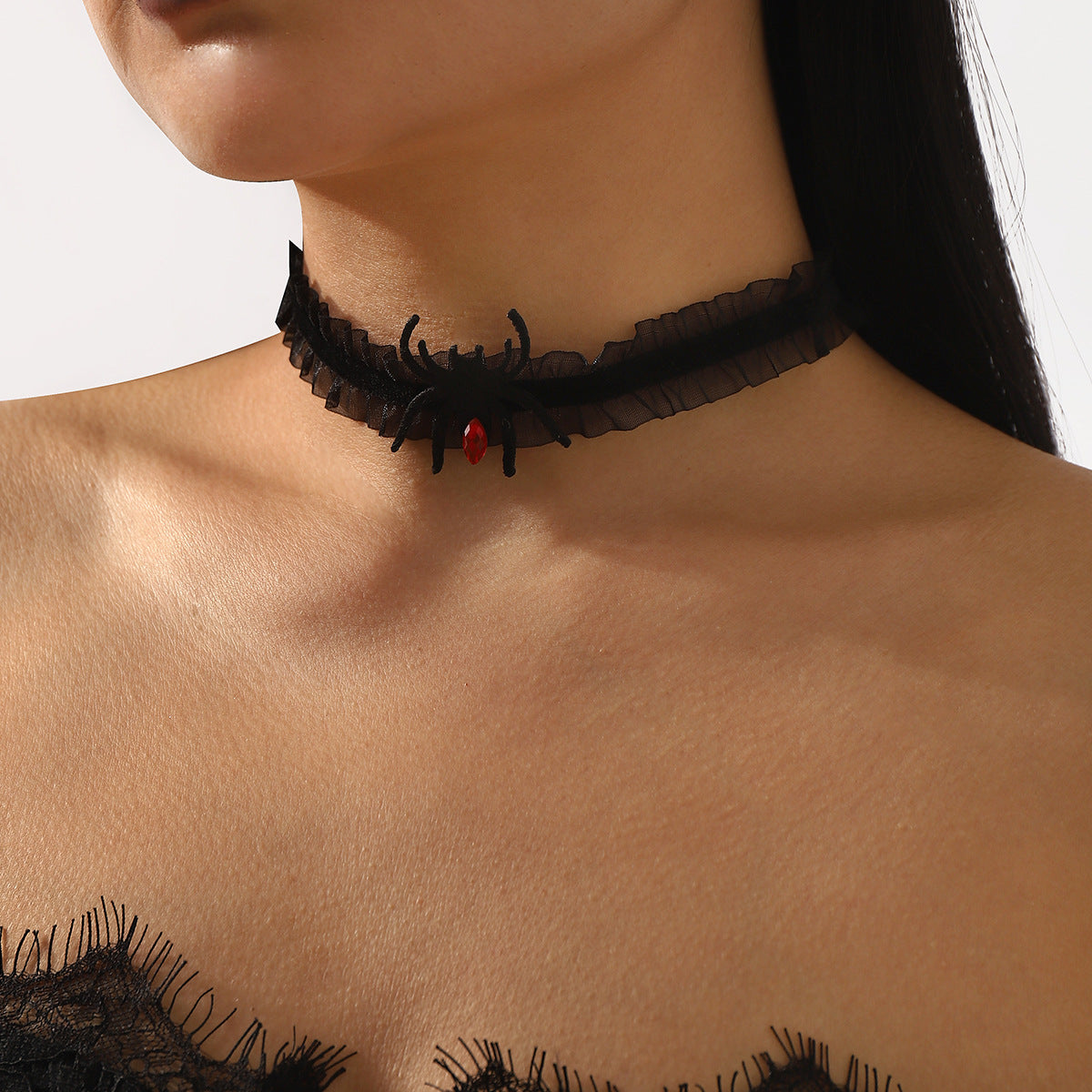Halloween-Themed Lace and Felt Choker Necklace with Insect Design for Women and Men