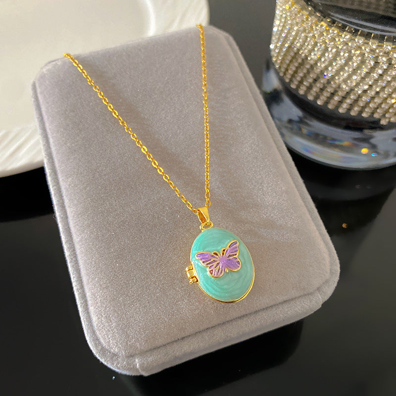 Vintage Enamel Drip Oil Oval Heart Brass Pendant Titanium Steel Necklace Cable Chain