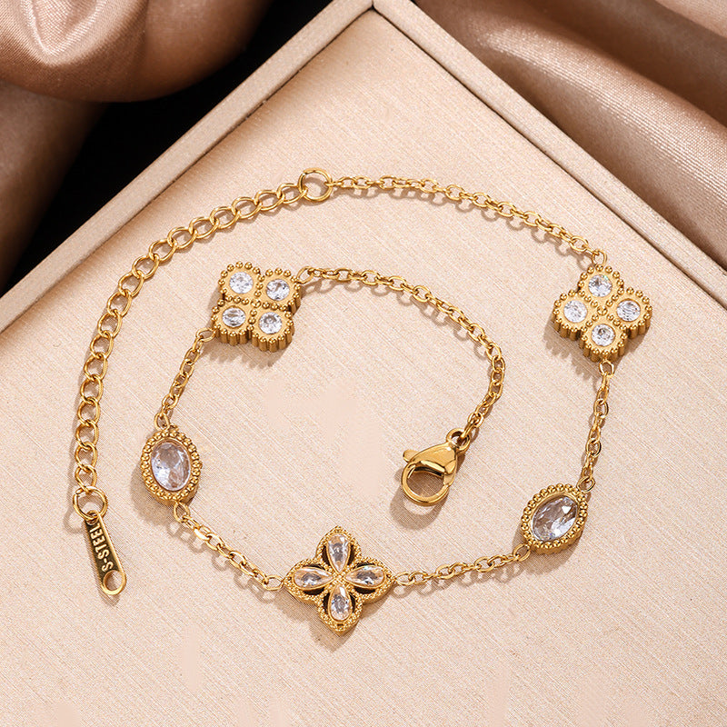 Set collana e bracciale da donna minimalista elegante placcato oro 18K in acciaio inossidabile con strass, motivo floreale geometrico rotondo e quadrato
