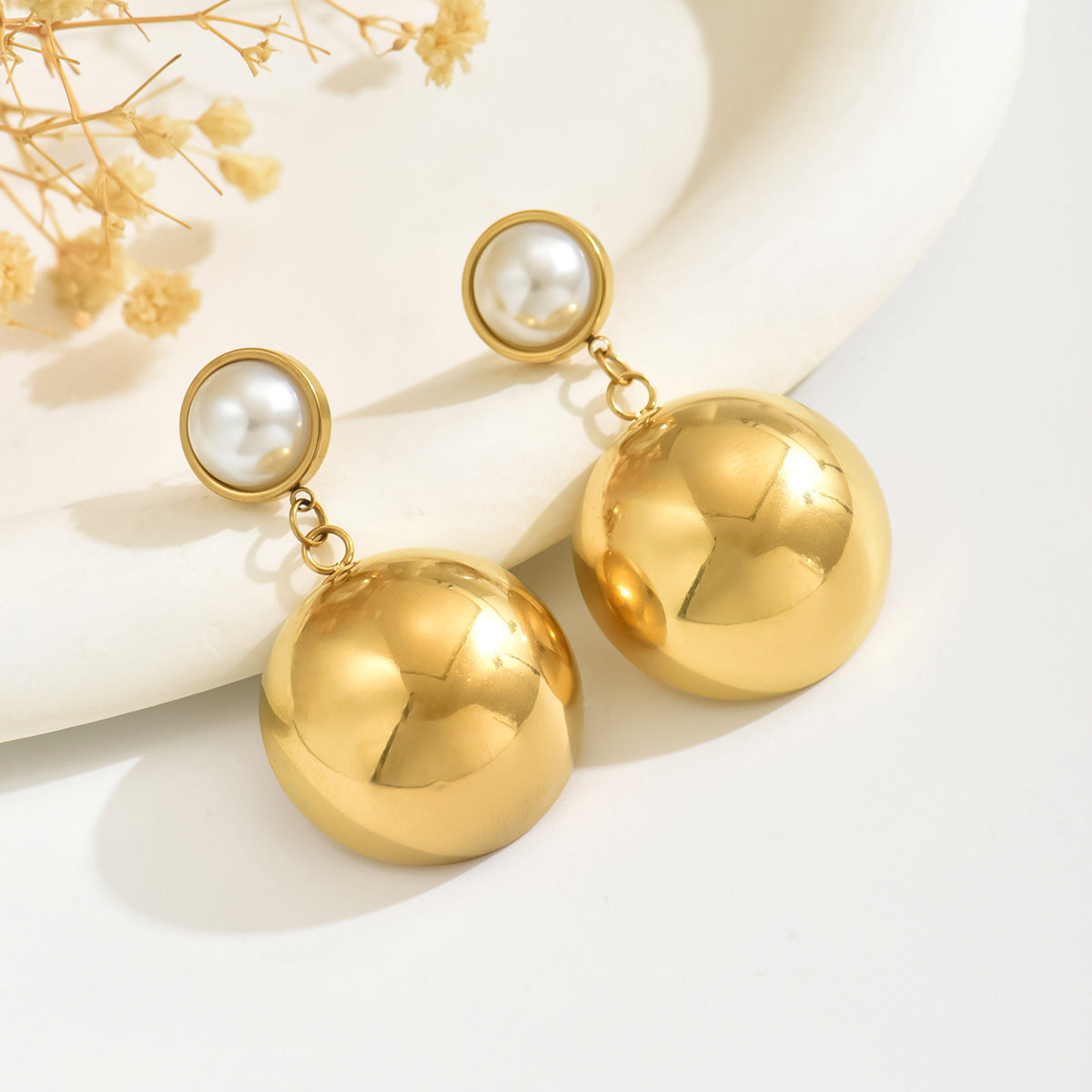 Minimalist Geometric Round Pearl Stainless Steel Earrings Plated