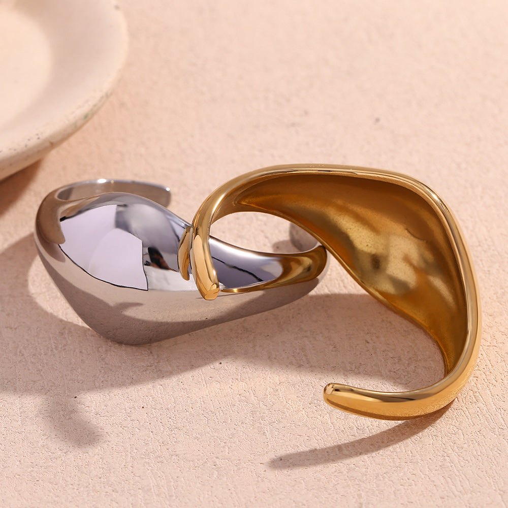 Minimalist Geometric Stainless Steel Plated 18K Gold Glossy Curved Bracelet for Women
