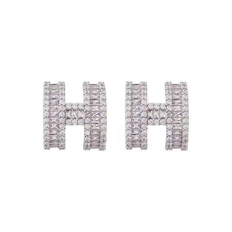 Cartoon Style Letter H Shaped Zirconia Stud Earrings for Women in Copper with Elegant Minimalist Aesthetic
