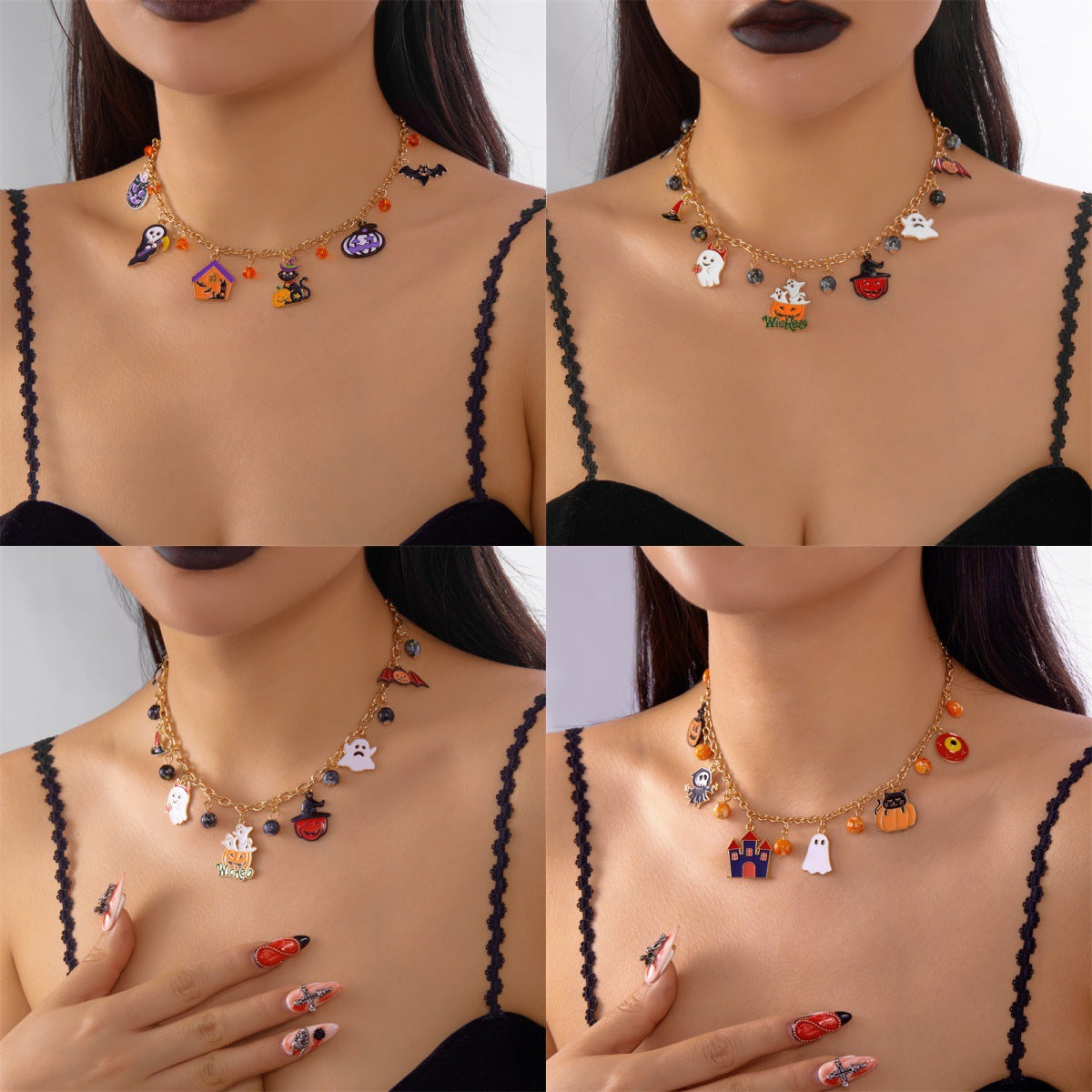 Collana girocollo con ciondolo gatto gotico e zucca scuri per Halloween, in lega placcata, gioielli unisex per costume