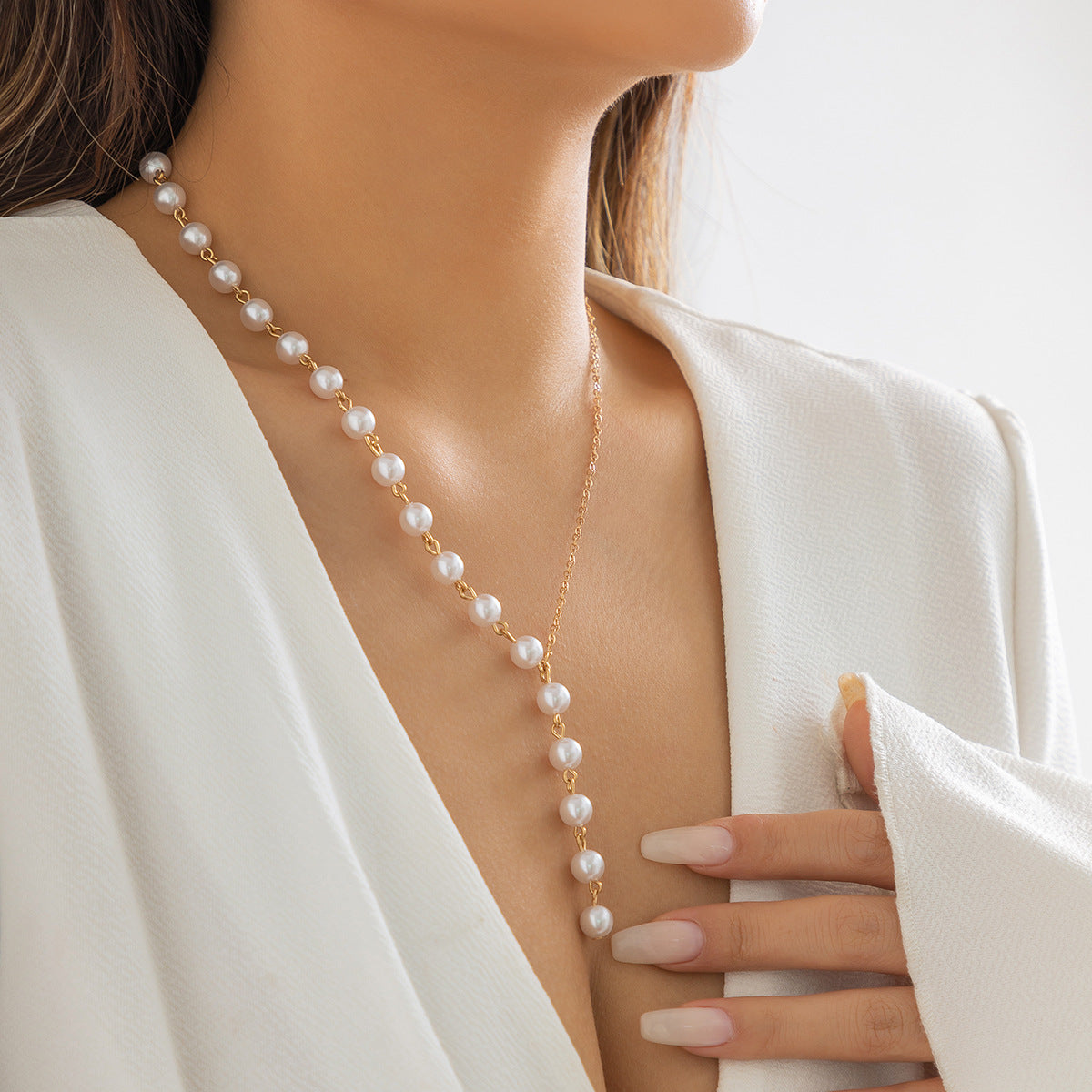 Vintage Elegant Heart Shape Alloy Plated Imitation Pearl Tassel Necklace with Ball Chain for Women