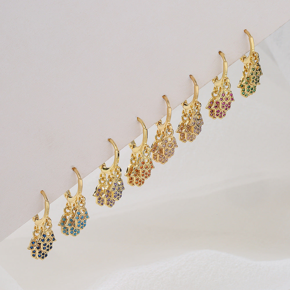 Minimalist Geometric Fatima Hand Pendant Earrings for Women with Copper Base Plated in 18K Gold and Micro-Paved Zirconia