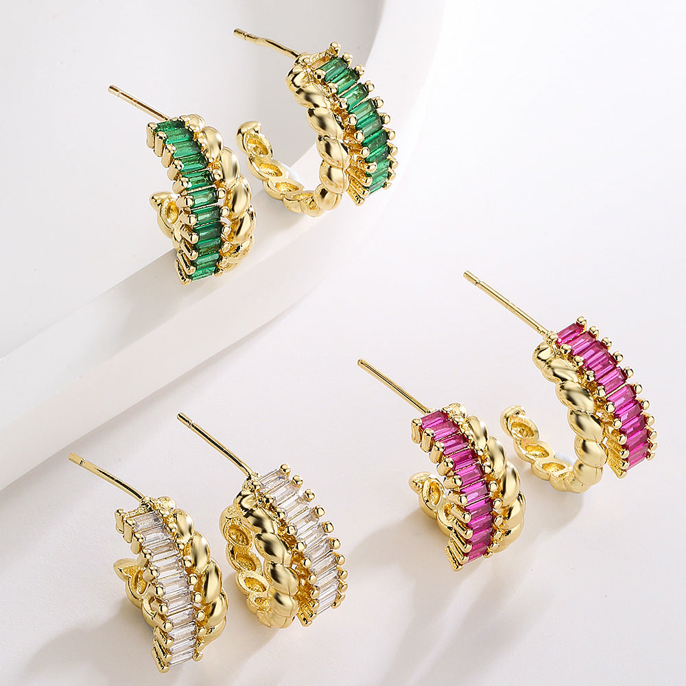 Geometric C-Shaped Copper Earrings with 18K Gold Plating and Micro-Paved Zirconia for Women