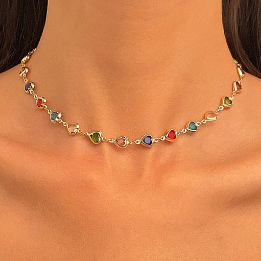 Colorful Heart Cubic Zirconia Alloy Necklace and Bracelet Set with Cable Chain