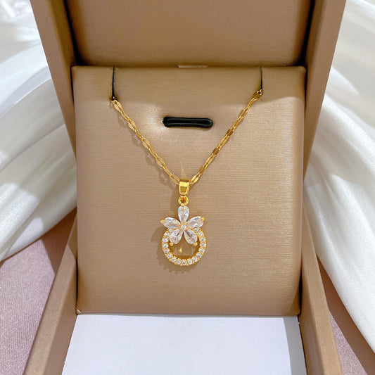 Floral Geometric Titanium Steel Clavicle Necklace with Rhinestone Inlay for Women and Men
