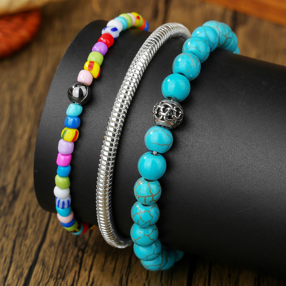 Bohemian Multi-Layer Square Turquoise Seed Bead Bracelet Unisex Handmade Stacking Chain