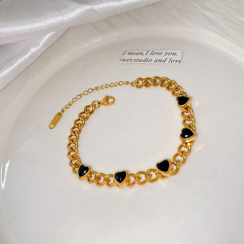 Elegant Stainless Steel Bracelet with Heart and Floral Geometric Design Cubic Zirconia Inlay Plated Finish