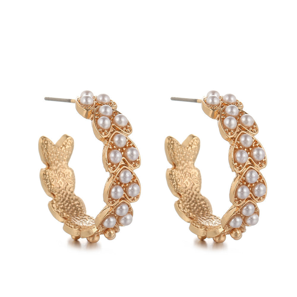 Minimalist Elegant Geometric Pearl Hoop Earrings for Women Alloy Electroplated Stainless Steel Ear Studs