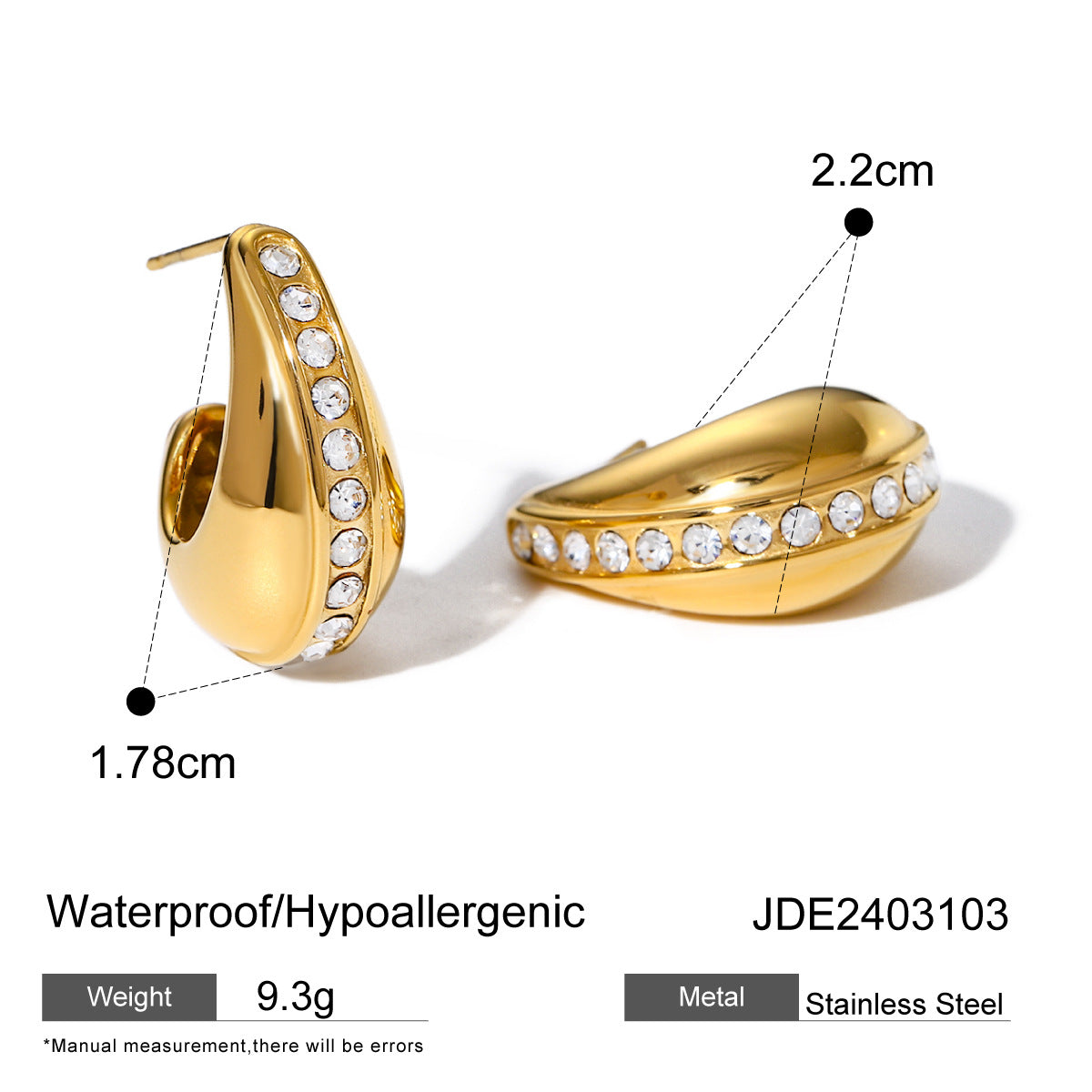 Minimalist Geometric C-Shaped Hollow-Out Rhinestone-Embellished 18K Gold Plated Stainless Steel Earrings for Women