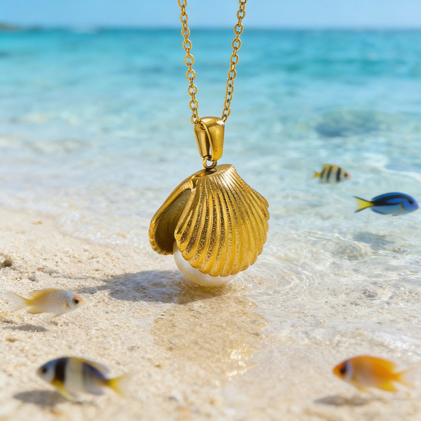 Collana da donna in Acciaio Inossidabile Placcato Oro 18K con Perla a Conchiglia di Lusso