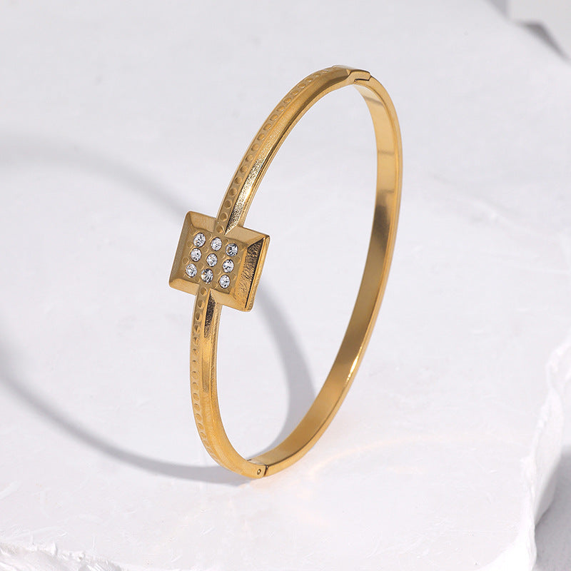 Minimalist Elegant Gold Plated Geometric Square Stainless Steel Bracelet with Rhinestone