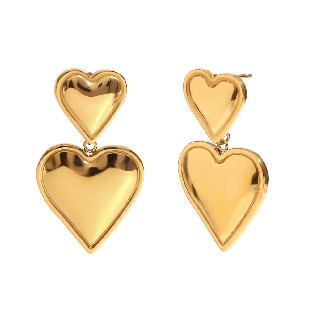 Aretes de acero inoxidable con forma de corazón de dos niveles, chapados en oro de 18 quilates, a la moda para mujer