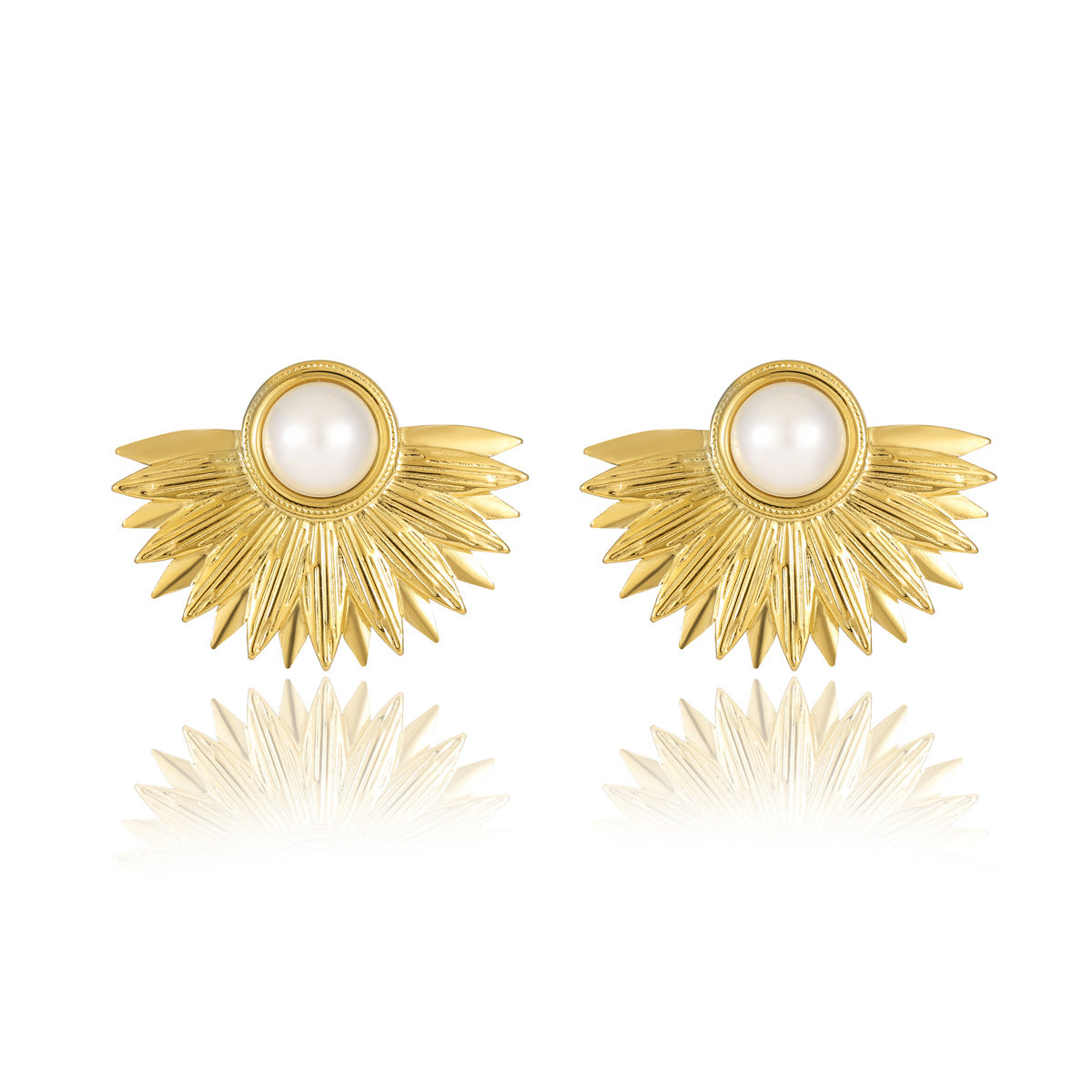 Vintage Stainless Steel Fan-Shaped Pearl-Inlaid Minimalist Earrings for Women
