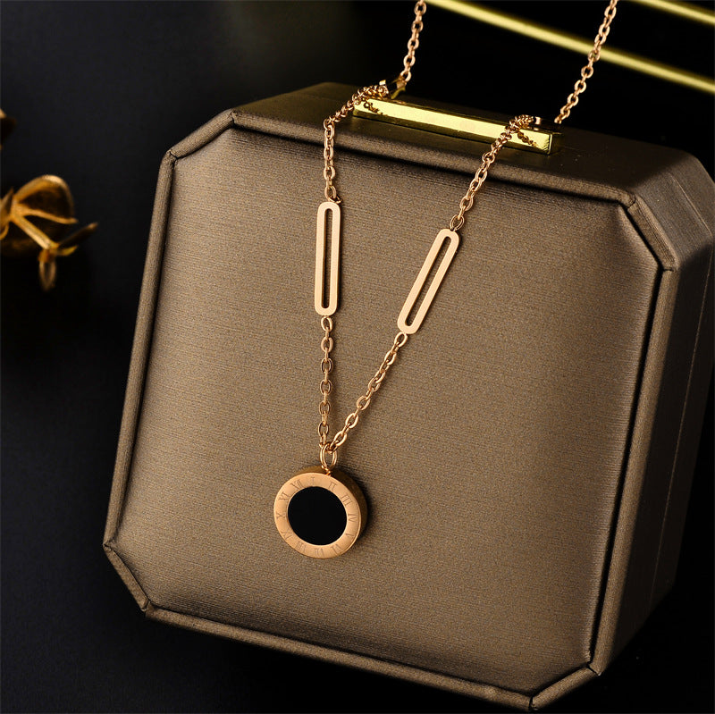 Minimalist Roman Numeral Geometric Pendant Necklace for Women in Titanium Steel with Plated Finish