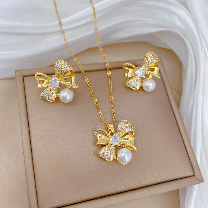 Luxury Fresh and Sweet Plated Brass Zircon Micro-Pave Earrings and Necklace Set