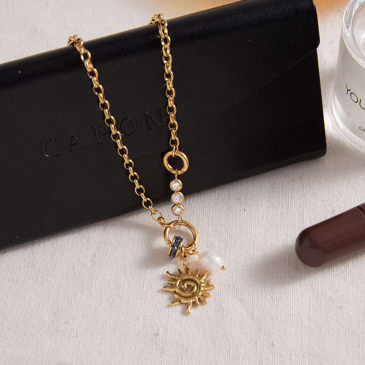 Minimalist Spiral Sun Titanium Steel Pendant with Freshwater Pearl Plated Necklace for Women