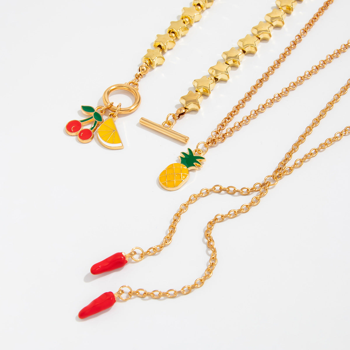Collar con Colgante Minimalista de Piña, Cereza y Limón para Mujer con Cadena de Aleación y Acabado Bañado