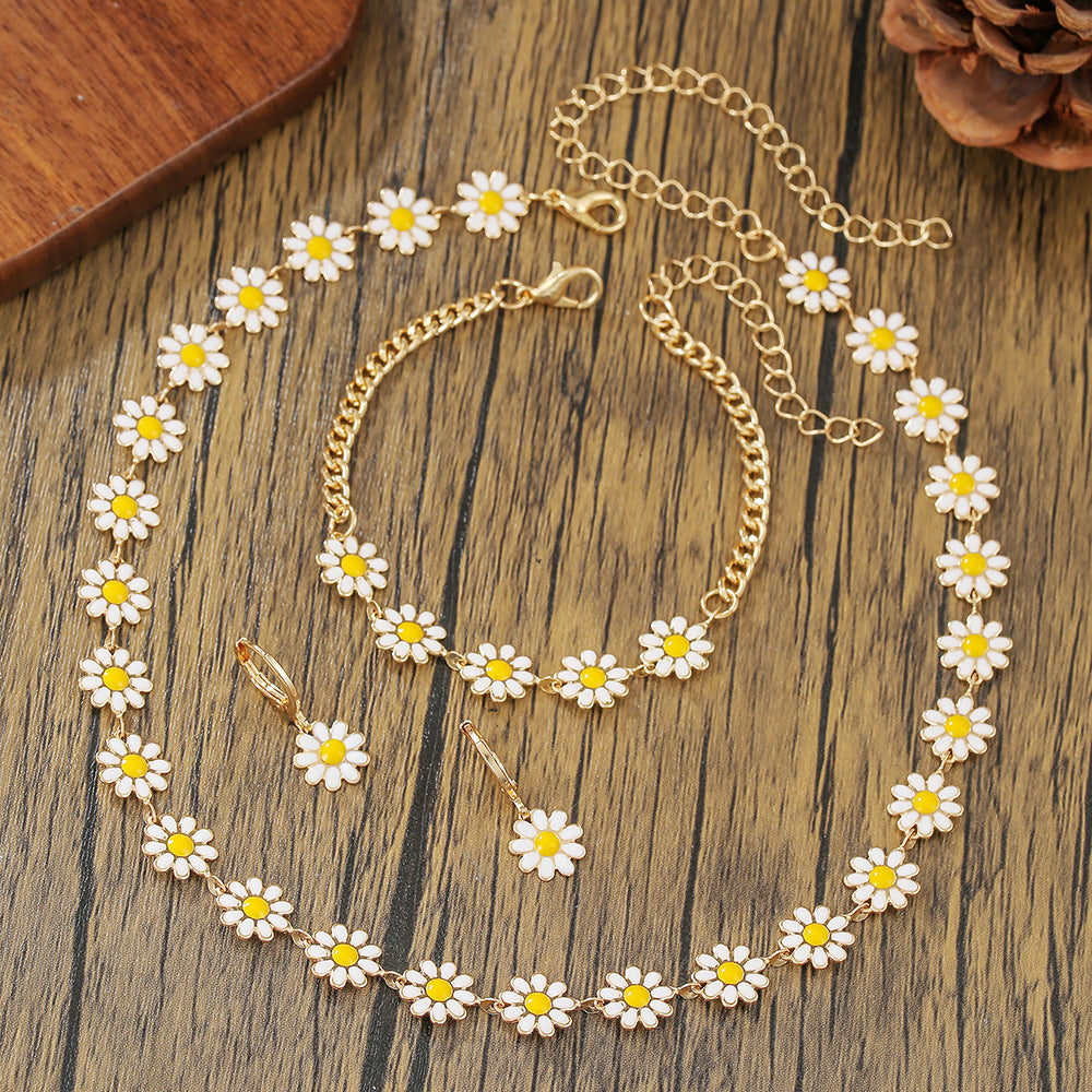Elegant Bohemian Geometric Floral Alloy Plated Daisy Jewelry Set with Ball Chain for Women