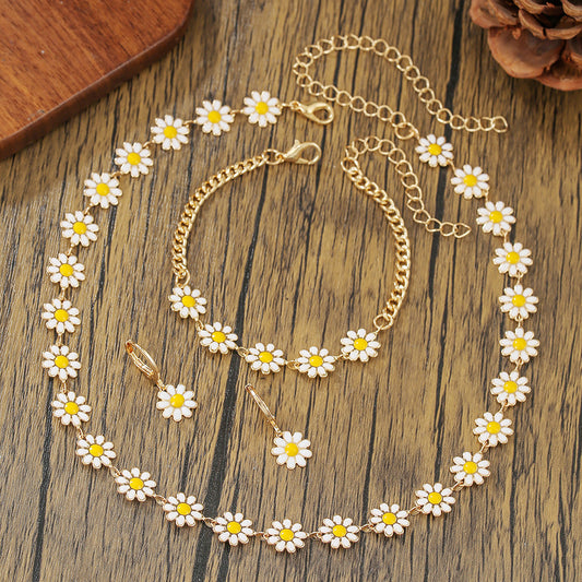 Elegant Bohemian Geometric Floral Alloy Plated Daisy Jewelry Set with Ball Chain for Women
