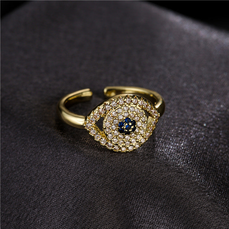 Gold Plated Brass Micro-inlay Cubic Zirconia Evil Eye Adjustable Ring for Women