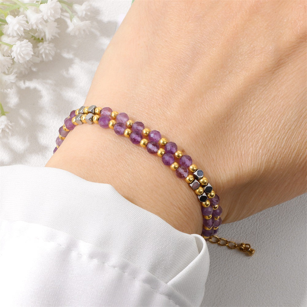 Faceted Amethyst Crystal Beaded Bracelet with 18K Gold Plated Stainless Steel Lobster Clasp Unisex
