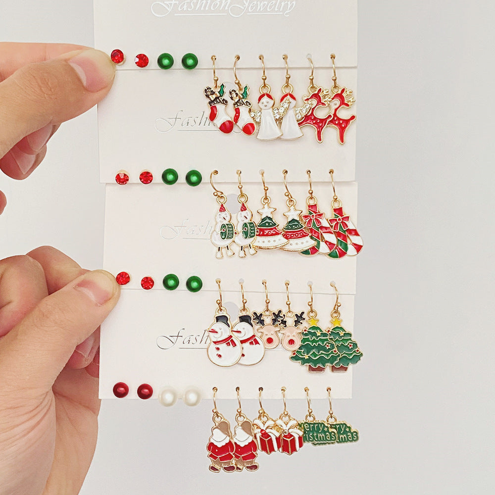 Juego de pendientes de aleación con temática navideña para mujer con dijes esmaltados de ciervo y Papá Noel, diseño geométrico, acabado chapado