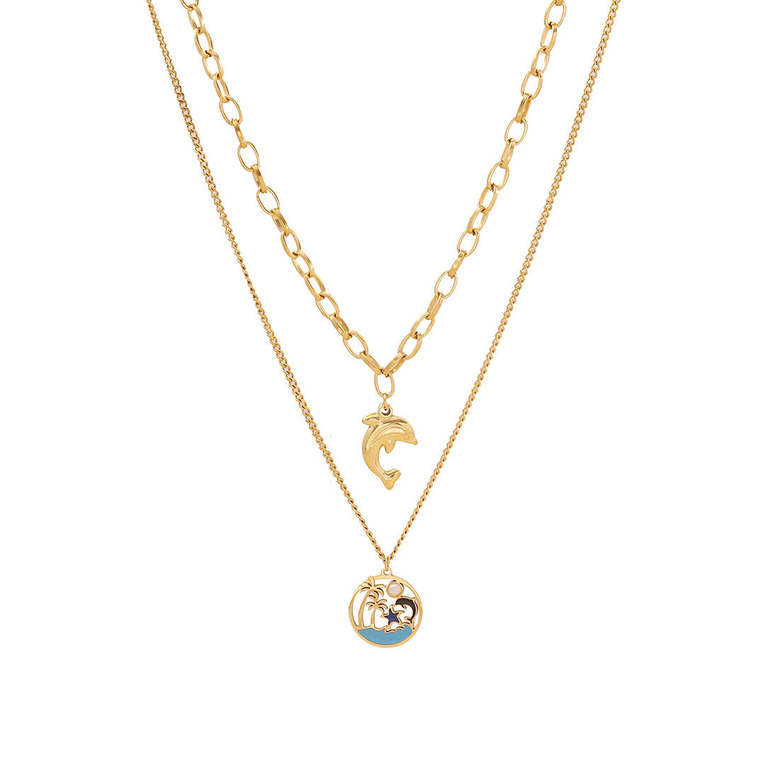 Fashionable Dolphin Pendant Necklace in Stainless Steel with Plated Finish for Women, Double Layer Snake Chain Design