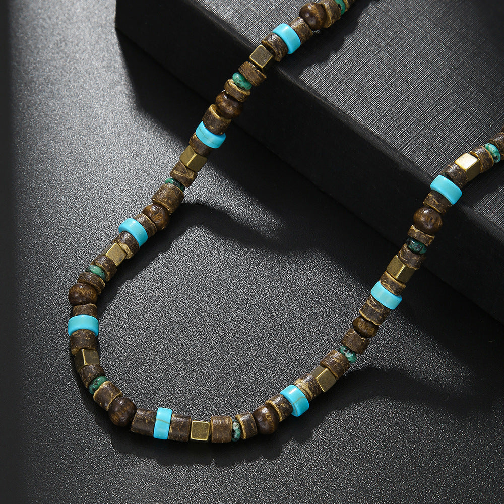 Hip-hop Geometric Wood and Turquoise Beaded Necklace for Unisex