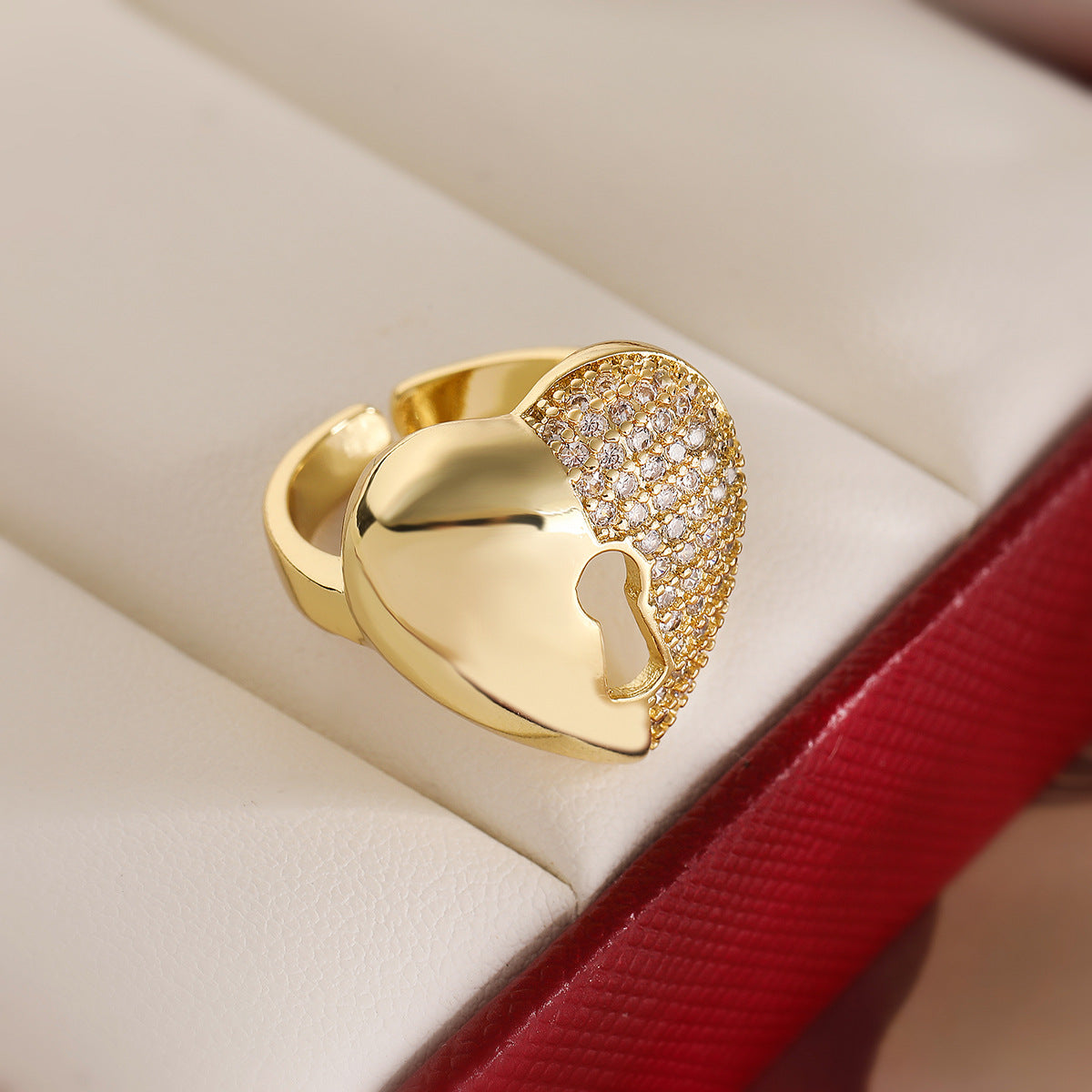 Minimalist Heart-Shaped Copper Ring with 18K Gold Plating and Micro-Paved Zirconia for Women