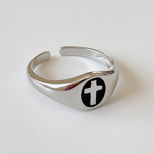 Anello Aperto da Donna Vintage Minimalista a Croce, in Argento Sterling 925 Lucido con Smalto a Goccia