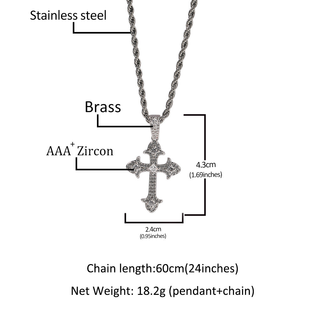 Collar de latón con incrustaciones de circonita cúbica en forma de cruz geométrica estilo Hip-hop para hombre