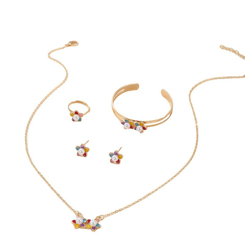 Set di collana, orecchini, bracciale e anello in lega con ciondolo floreale minimalista per ragazze