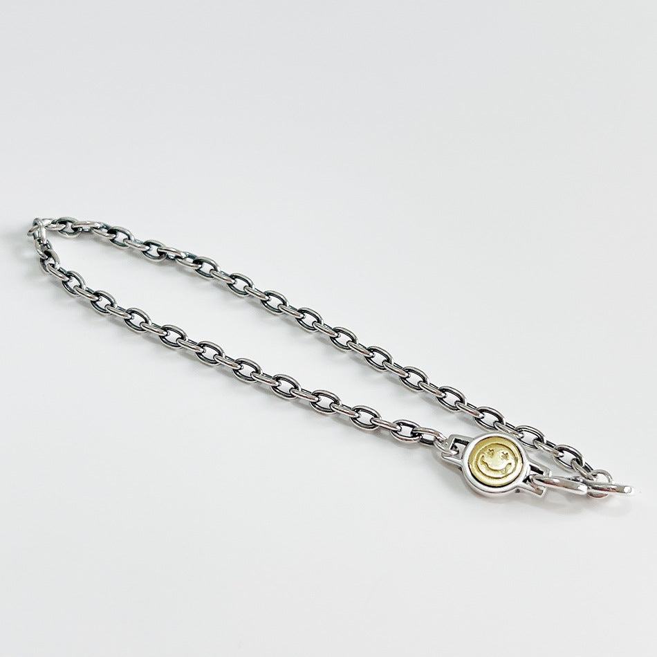 Vintage Sweet 925 Sterling Silver Geometric Smiley Face Beaded Bracelet for Women