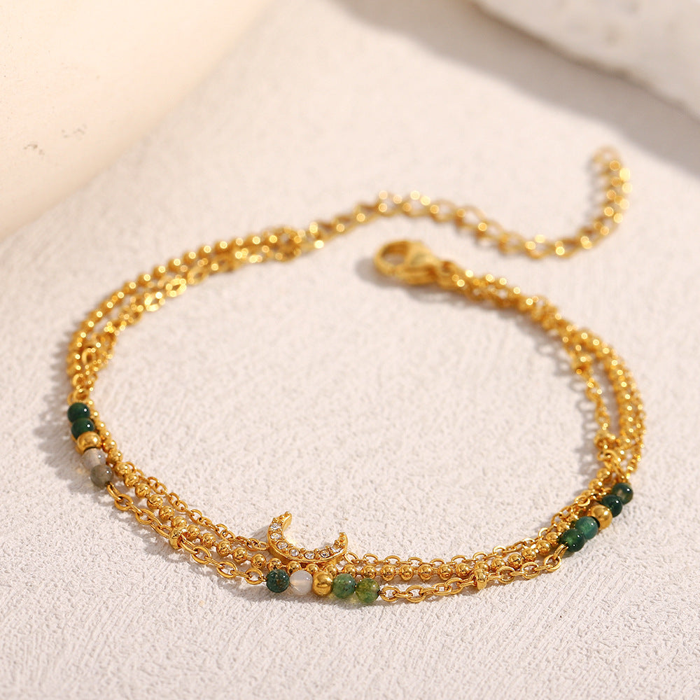 Fashionable OL Style Geometric Moon-Shaped Stainless Steel Plated 18K Gold Three-Layer Bracelet for Women