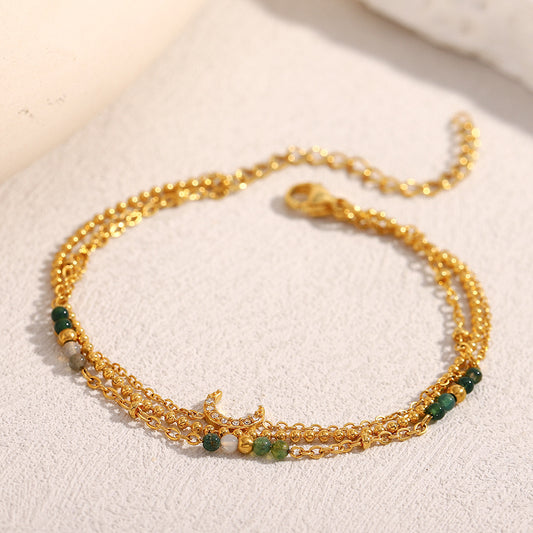 Fashionable OL Style Geometric Moon-Shaped Stainless Steel Plated 18K Gold Three-Layer Bracelet for Women