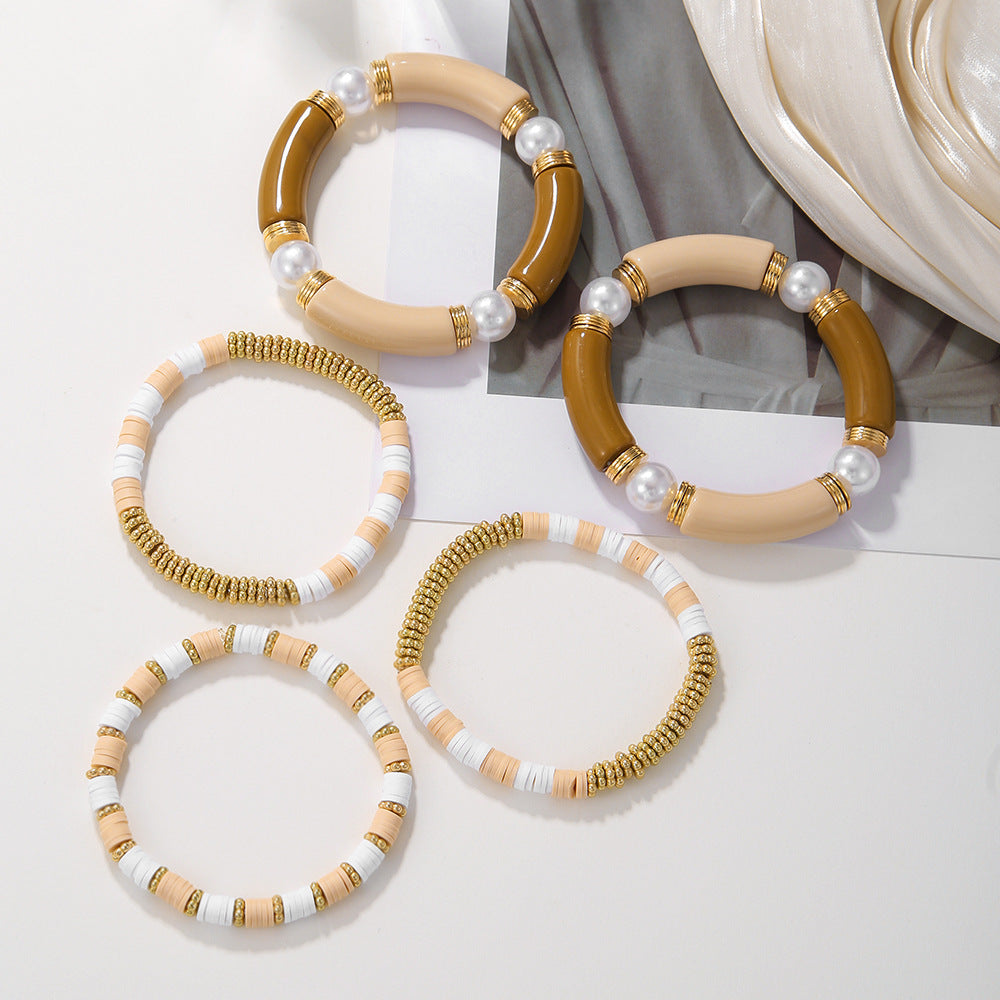 Bohemian Ethnic Geometric Round Acrylic Resin Pearl Bracelet Set for Women
