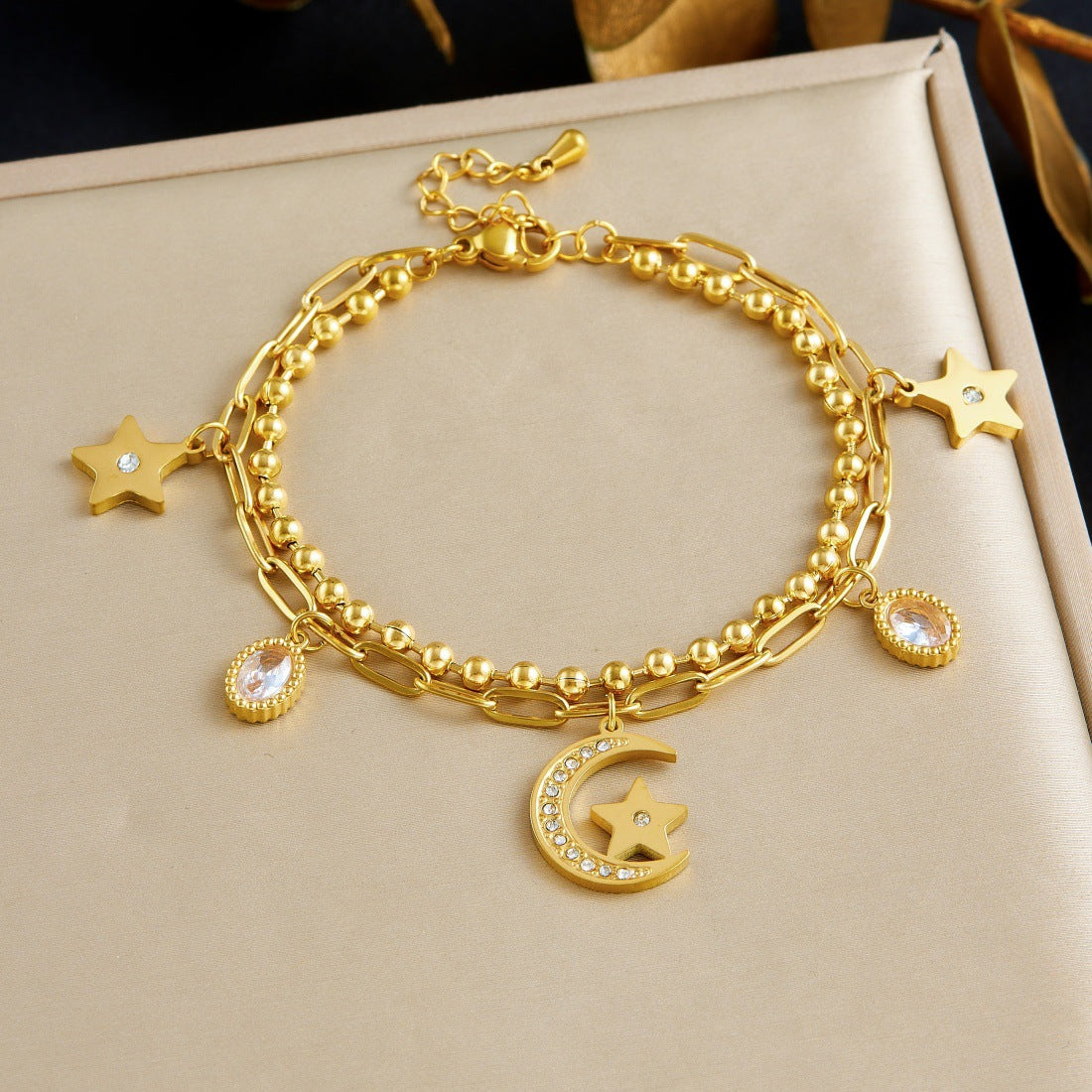 Minimalist Gold Plated Stainless Steel Star Moon Floral Rhinestone Pendant Double Layer Bracelet for Women