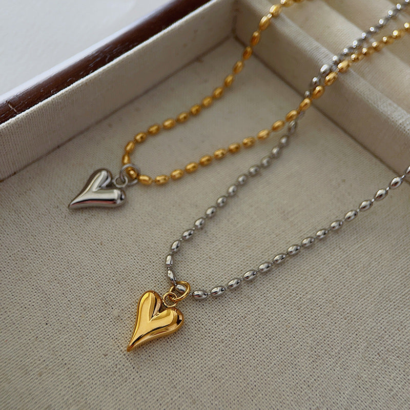 Collar minimalista de acero de titanio y chapado en oro y plata con cuentas y cadena de bolitas redondas, con forma de corazón, para mujer