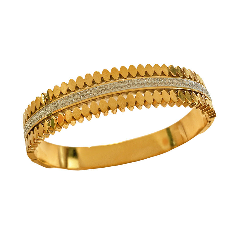 Minimalist Geometric Titanium Steel Plated Bracelet with Double Row Cubic Zirconia and Sawtooth Clasp