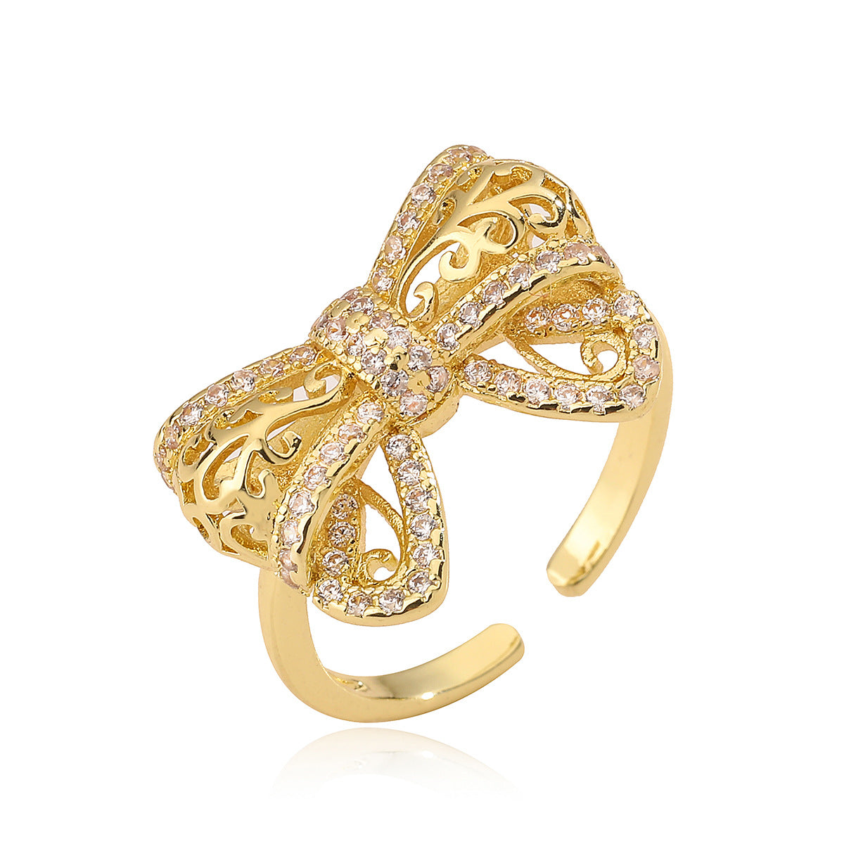 Sweet 18K Gold Plated Brass Geometric Bow Knot Ring with Cubic Zirconia for Women