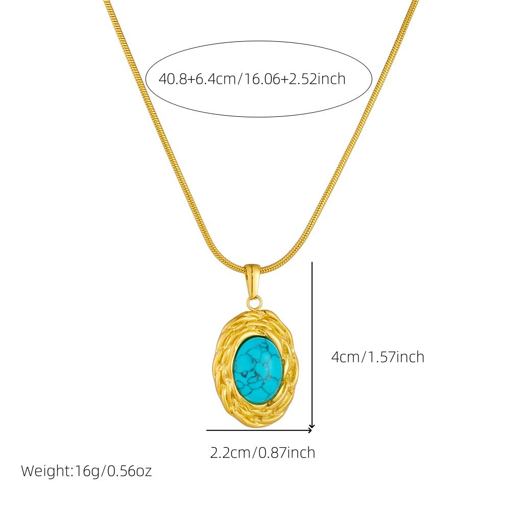 Vintage Geometric Oval Stainless Steel Plated Pendant Snake Chain Necklace for Women