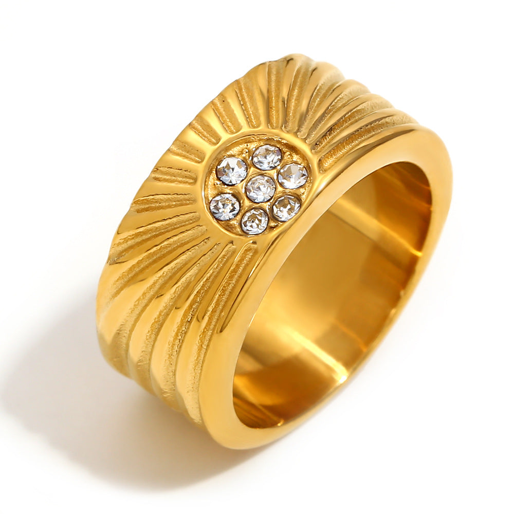 Minimalist Geometric Stainless Steel Ring with 18K Gold Plating and Round Zirconia for Women