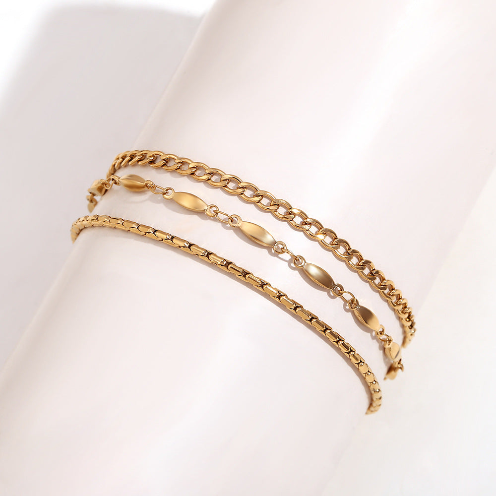 Cavigliera Minimalista Geometrica in Acciaio Inox con Placcatura Oro 18K, Gioiello Elegante a Triplo Strato per Donna